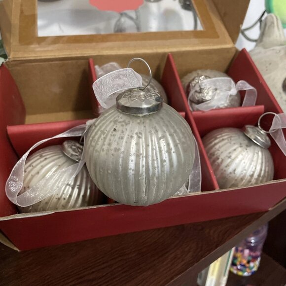 Vintage Style 4" Mercury Ribbed Glass Ornaments (6), Silver, Handcrafted, India - Picture 2 of 5